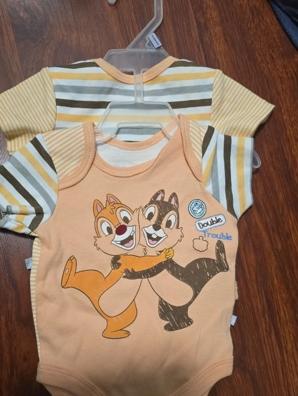 Disney Peach Chip and Dale Graphic Bodysuit with Yellow and Brown Stripes TWIN